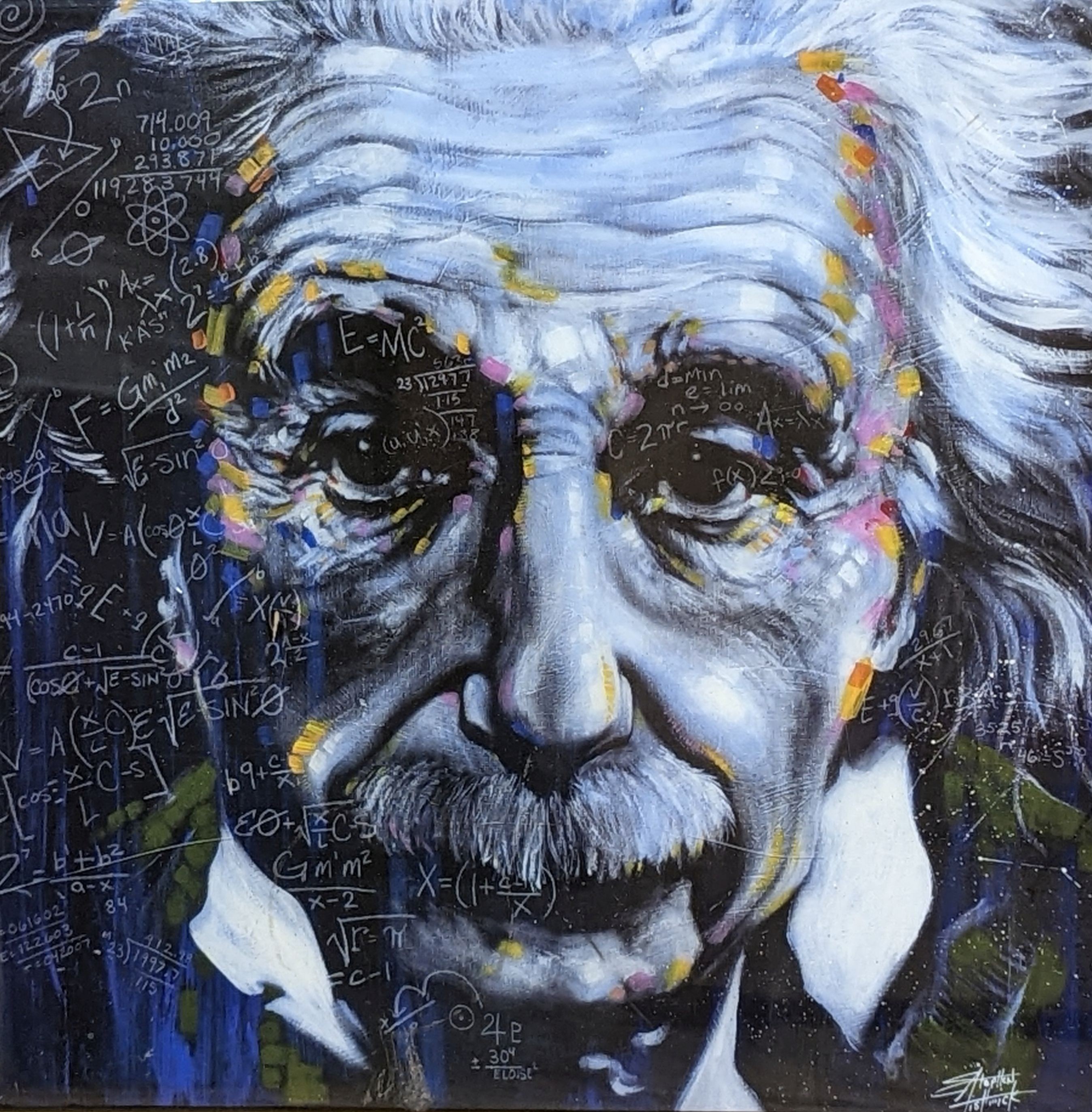 A limited edition panel, 'E=MC squared I- t's all Relative', indistinctly signed and dated 2014, overall 38 x 37cm